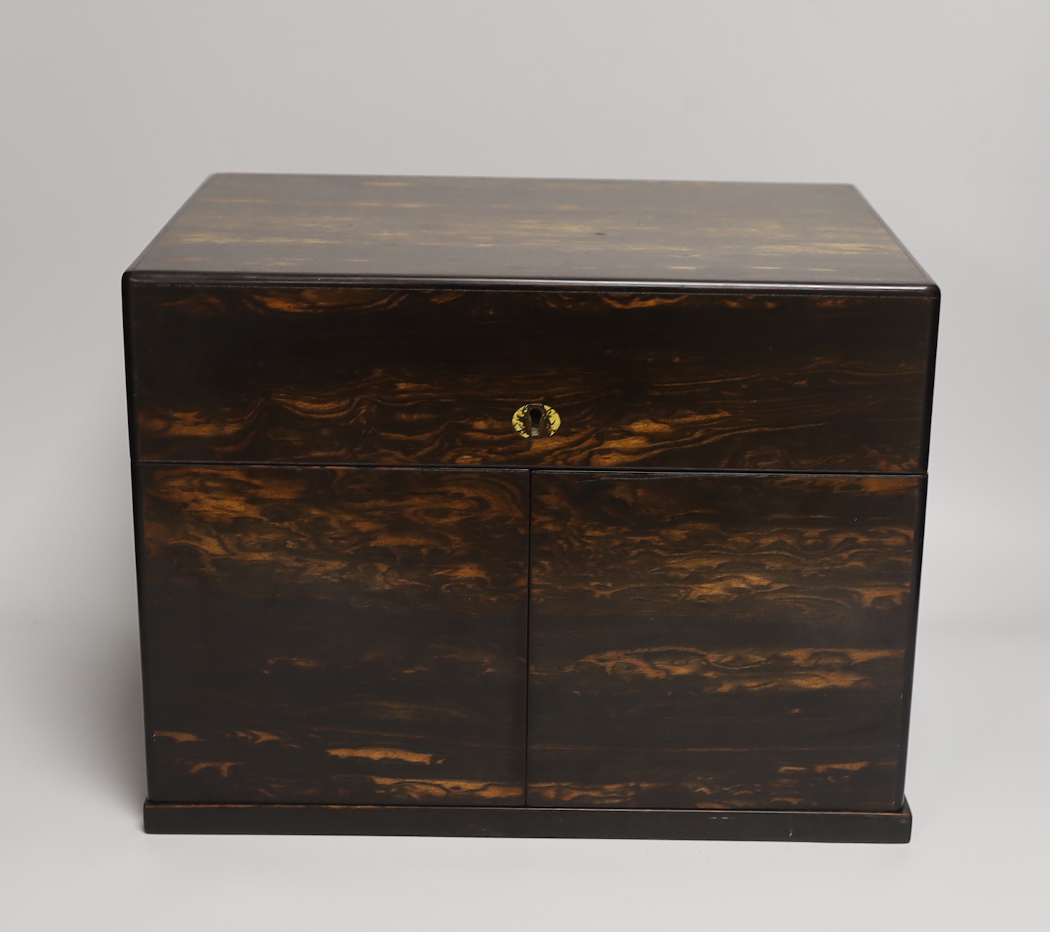 A Victorian coromandel wood two door decanter box, with two decanters and six glasses, 24cm high x 33cm wide